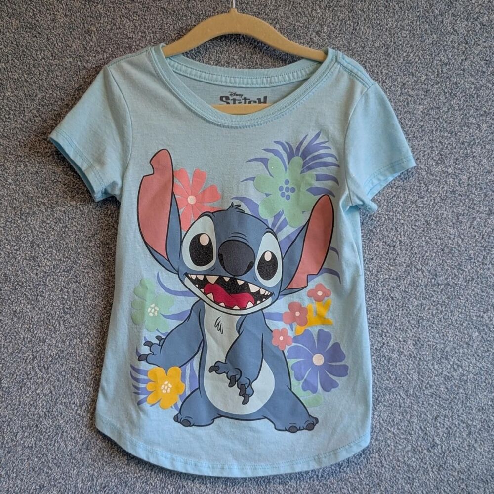 Disney Girls Size XS Blue Stitch Graphic Print Casual Short Sleeve Shirt
